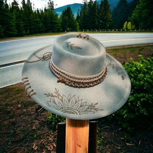 Hand Burned and Painted  Women's felt Wide Brim Bolero / Boater Hat  with leather neck strap