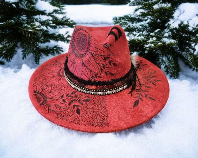 Hand Burned- Burgundy  - Red colored - Faux suede - Fedora - Cowboy Hat
