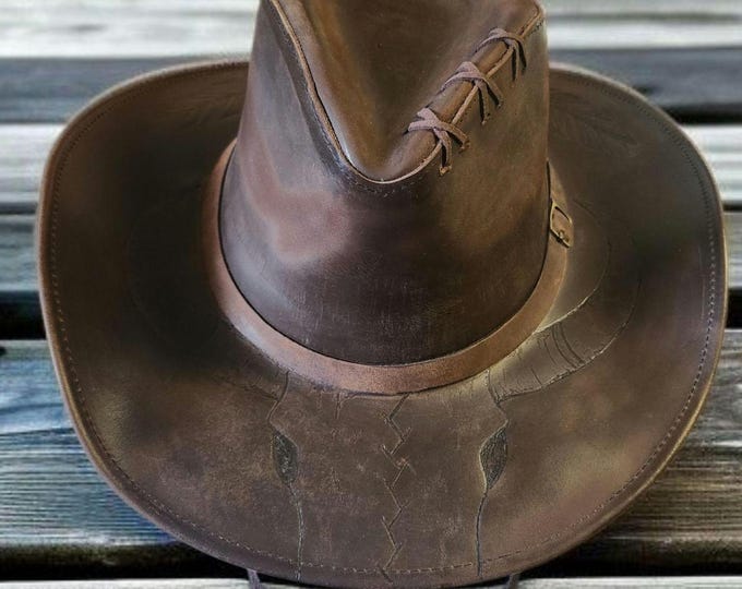 Hand Burned - Genuine Leather- Cowboy Hat with distressed look - UNISEX - X-large