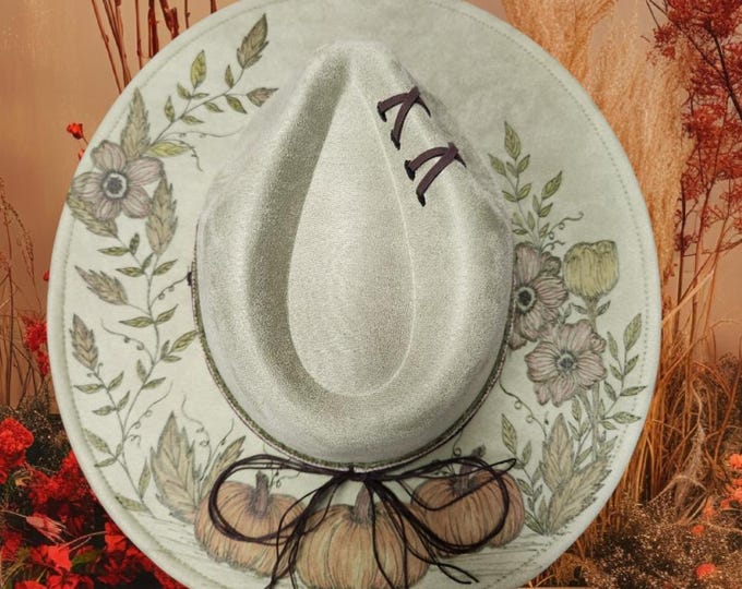 Hand Burned to the brim - Vegan Suede - Panama - Fedora - Rancher Hat - sage green with pumpkins