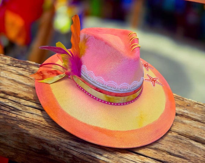 Sun Hat - Rainbow Sherbet colored - Rancher style - Beach - Firm brim Straw Hat