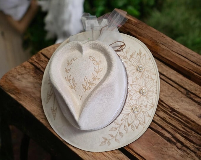 Hand Burned to the brim - Pretty Winter white colored - vegan suede - Cowboy Hat - Wedding Hat