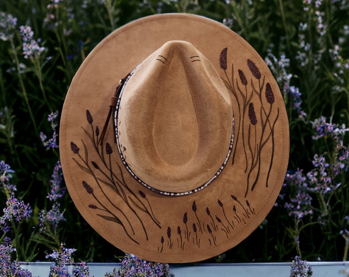 Hand Burned to the brim - Vegan Suede - Panama - Fedora -  Cowboy Hat -pretty brown color  - wide brim