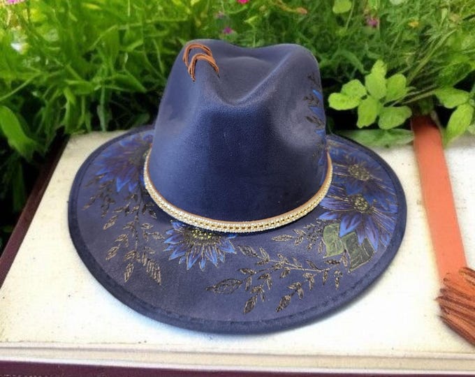 Hand Burned to the brim - Midnight Blue- vegan suede - Cowboy Hat - Rodeo Hat - Fedora Hat
