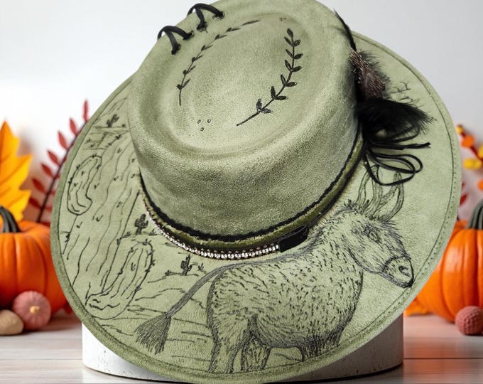 Hand Burned faux suede Wild Burro cowboy-rancher hat