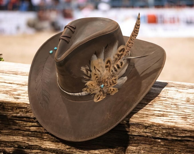 Hand Burned - Genuine Leather- Cowboy Hat with distressed look - UNISEX - Small