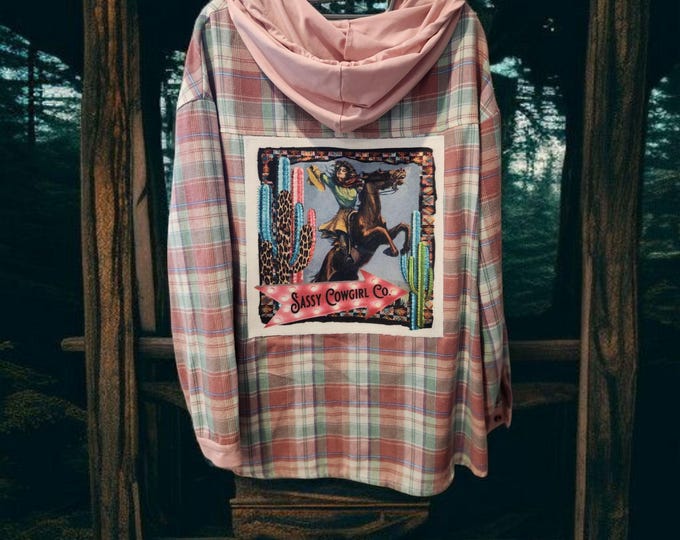 Fun HOODED plaid flannel shirt or shacket - Fun Rodeo - Country western theme - women's size XX-large - NEW Never Worn