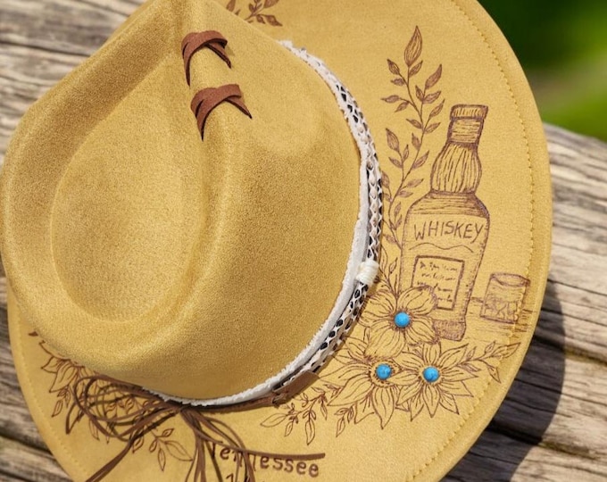 Hand burned to the brim - Pretty Mustard colored Cowboy - Rancher - Fedora Hat One-of-a-kind- Whiskey Themed Hat with turquoise studs