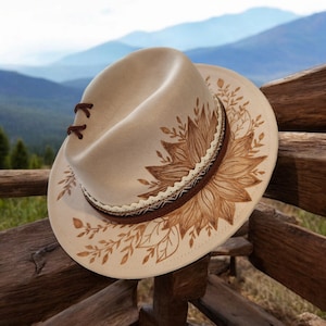 Hand Burned to the brim - VeganSuede - Panama, Fedora, cowboy style hat - pretty cream color