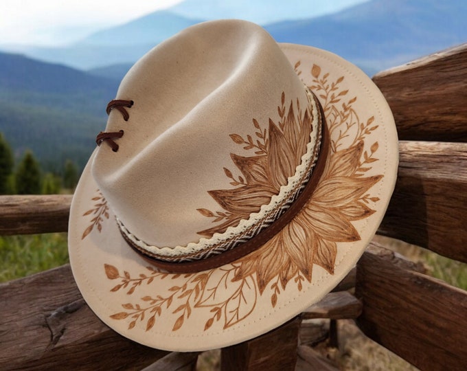 Hand Burned to the brim - VeganSuede - Panama, Fedora, cowboy style hat - pretty cream color