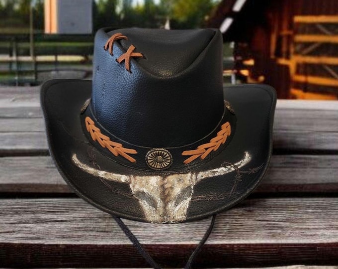 Hand Burned - Genuine Leather- Cowboy Hat with Skull and Barbed wire - UNISEX - Medium