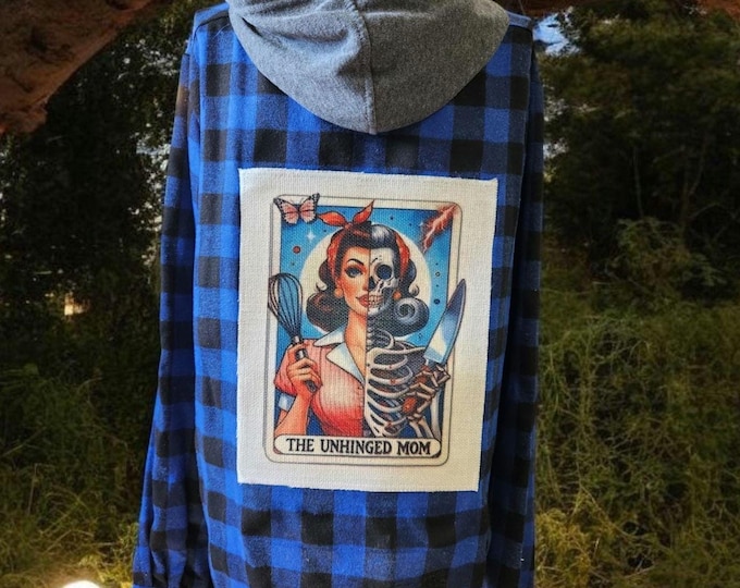 Fun HOODED plaid flannel shirt or shacket - Fun Halloween  theme - women's size Large - NEW Never Worn