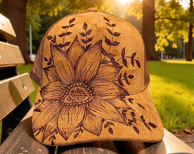 Hand Burned - Camel Brown - faux suede - Sunflower Baseball Hat