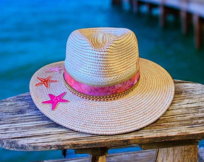 Sun Hat - pale pink and white colored - Beach - Straw Hat
