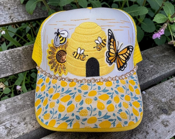 Fun - Embellished- Sunshine and Honey Bee - Pretty Yellow baseball cap