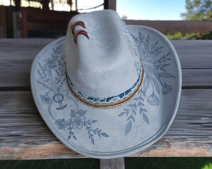 Hand Burned to the brim -  pretty Blue - Cowgirl - Rancher Hat - with Bling