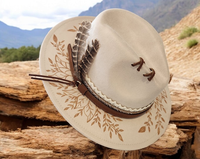Hand Burned to the brim - VeganSuede - Panama, Fedora, cowboy style hat - pretty cream color