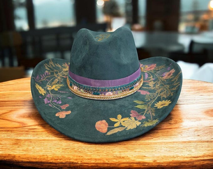 Hand Burned - Vegan Suede - Rancher - Cowboy hat - pretty Teal color