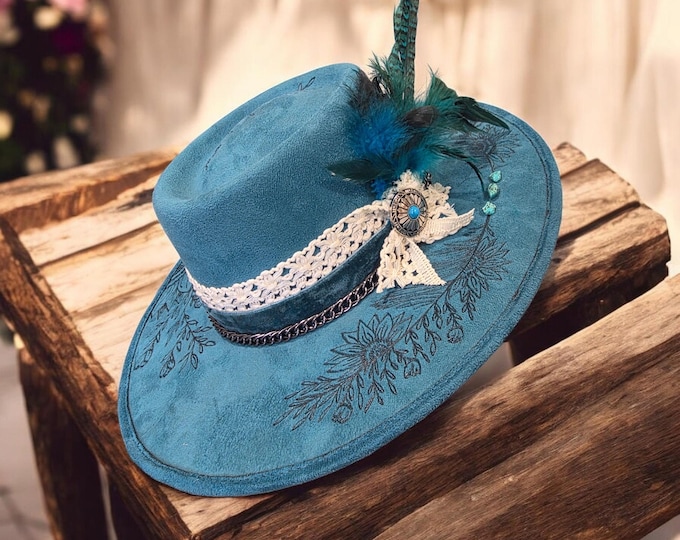 Hand Burned Teal colored Wide Brim Cowgirl Rancher Hat