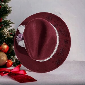 Hand Burned and Painted Fedora Hat with Snowflakes - Adjustable - Fun Holiday Hat in Pretty Burgundy