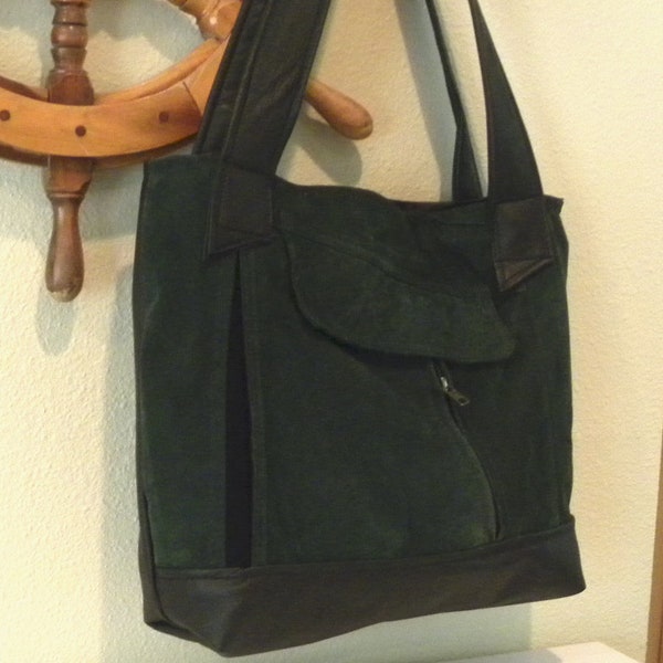 CLEARANCE PRICED - Handmade Green and Black Leather Jacket Handbag - Shopper Tote