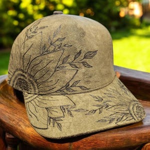 Hand Burned - Olive Green Sunflower Trucker Style Baseball Hat