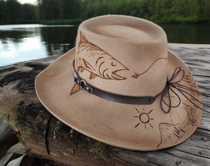Hand Burned and Painted 100% Australian Wool- Fishing Themed - Fedora Hat