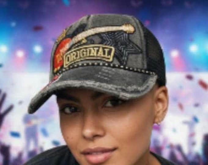 Fun embellished  handcrafted - rocker style baseball cap with bling