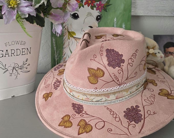 Hand Burned - Vegan Suede - Rancher - Cowboy - Fedora  Vineyard themed hat - pretty pale blush pink colored