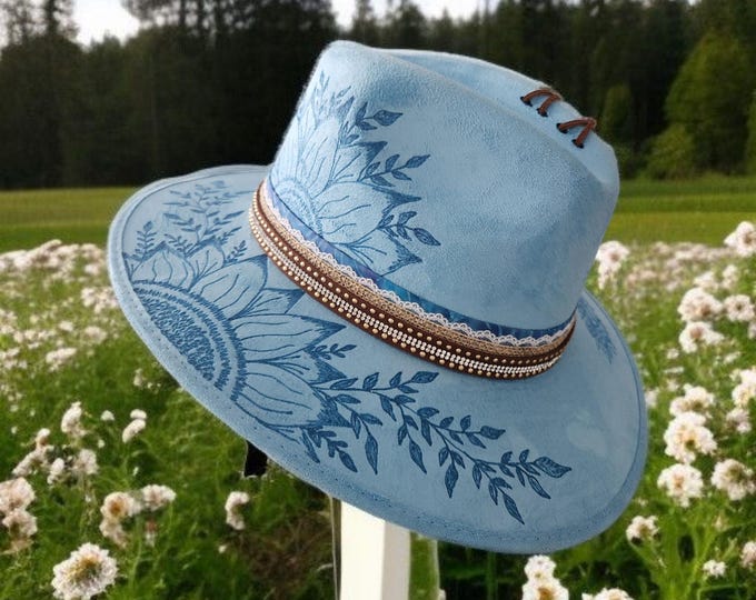 Hand Burned to the brim - Turquoise Blue- vegan suede - Cowboy Hat - Rodeo Hat - Fedora Hat