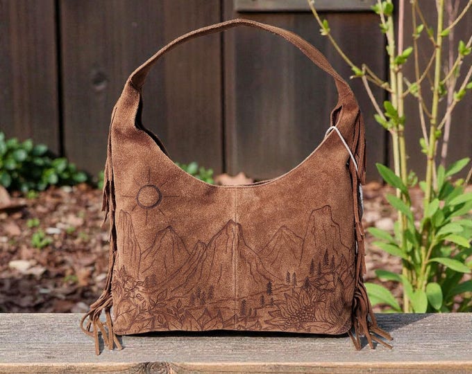 Hand Burned- GENUINE SUEDE LEATHER - Pretty Rusty Brown colored - Handbag - Shoulder Bag