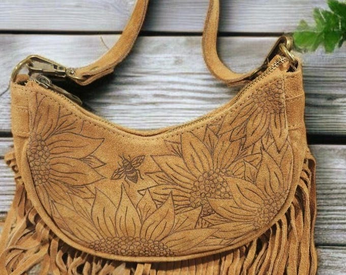 Hand Burned- GENUINE SUEDE LEATHER - Pretty Brown colored - Handbag - Shoulder Bag with fringe