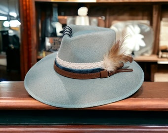 Hand Burned and Painted  Ivory and teal colored Felt Wide Brim Rancher Hat