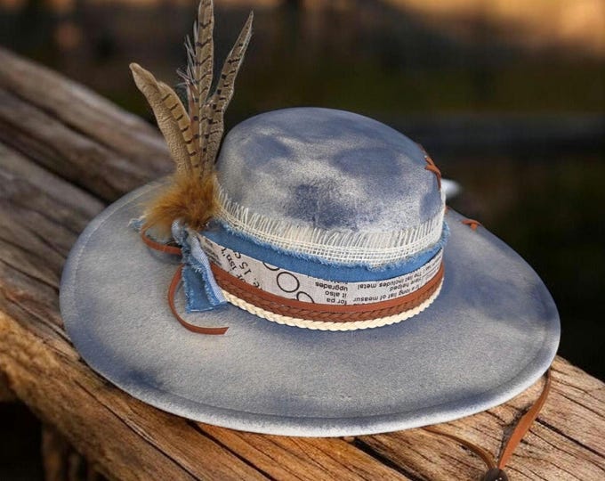 Hand Burned and Painted  Ivory and Denim colored felt Wide Brim Rancher Hat