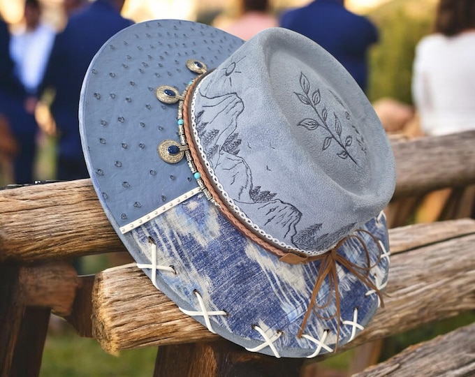 Hand burned to the brim - Pretty Blue denim colored Cowboy - Rancher - Fedora Hat - size medium