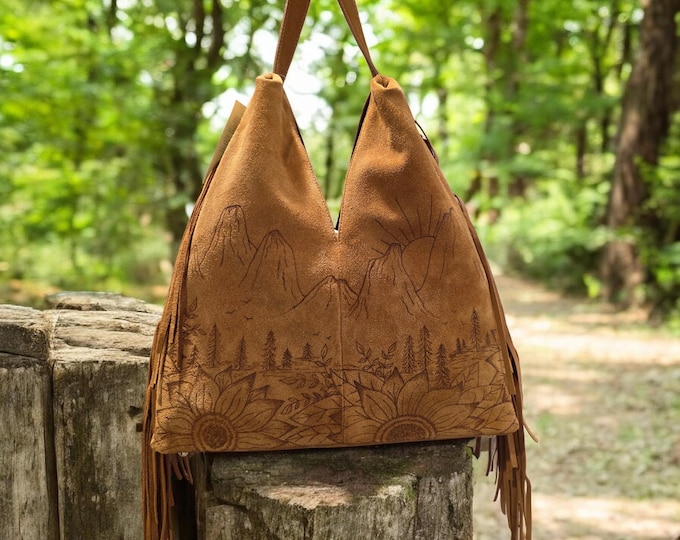 Hand Burned- GENUINE SUEDE LEATHER - Pretty Rusty Brown colored - Handbag - Shoulder Bag