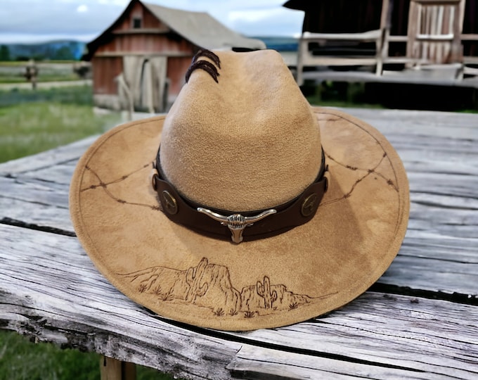 SALE PRICED - Hand Burned to the brim - Kids brown - vegan suede - Cowboy Hat - Rodeo Hat
