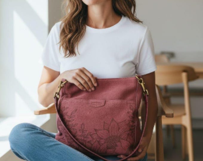 Hand Burned- GENUINE SUEDE LEATHER - Pretty Burgundy colored - Handbag - Shoulder Bag