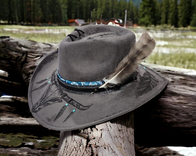 Hand Burned - Vegan Suede - Panama Hat - Fedora -pretty Gray and Turquoise colored hat