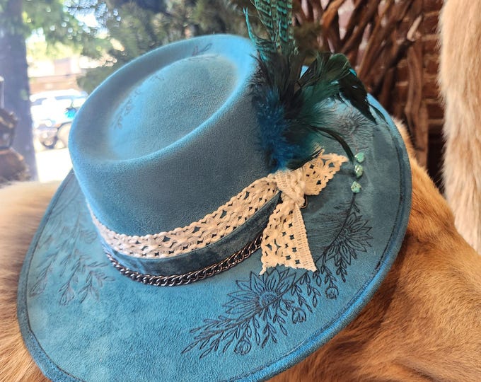 Hand Burned Teal colored Wide Brim Cowgirl Rancher Hat