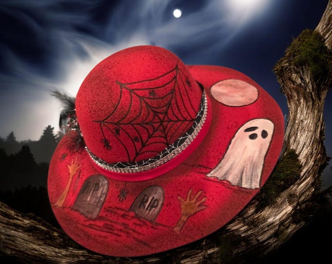 SALE PRICE- Hand Burned and painted - Red and Black  - Felt Halloween Hat
