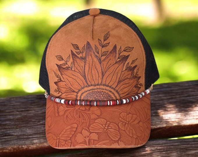 Hand Burned - Camel Brown - faux suede - Sunflower Baseball Hat
