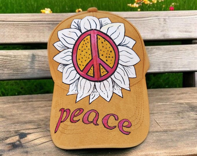 Hand Burned and Painted Daisy & Peace Symbol Baseball Hat