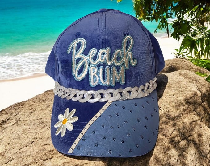 Fun - embellished - handcrafted- Beach Bum - Cruise themed - baseball cap - Pretty blue velvety soft hat