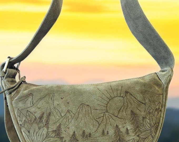 Hand Burned- GENUINE SUEDE LEATHER - Pretty Olive Green colored - Handbag - Shoulder Bag