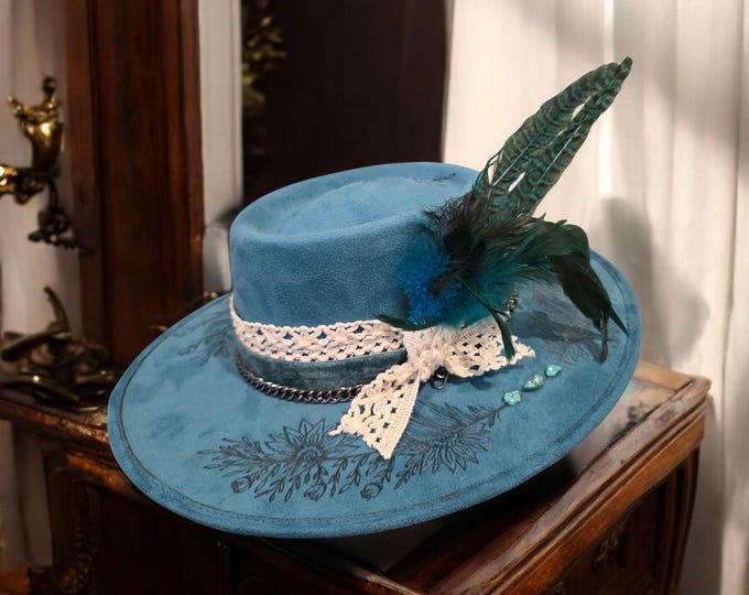 Hand Burned Teal colored Wide Brim Cowgirl Rancher Hat