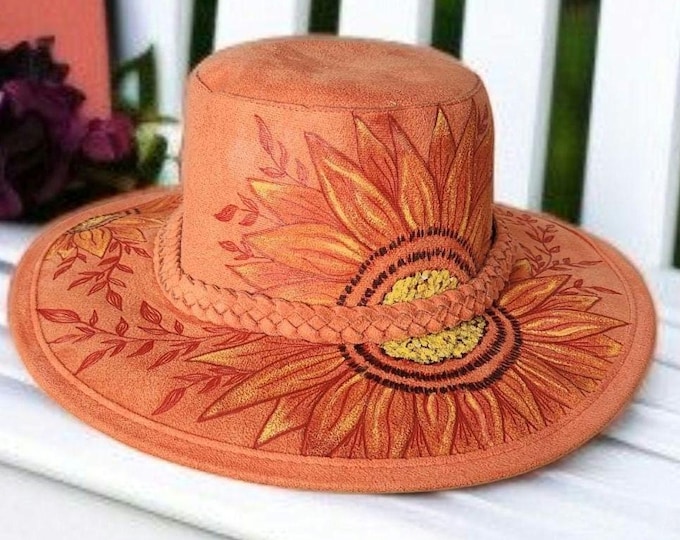 Hand Burned - VeganSuede - Panama Hat - Fedora -pretty Sunshine Orange color