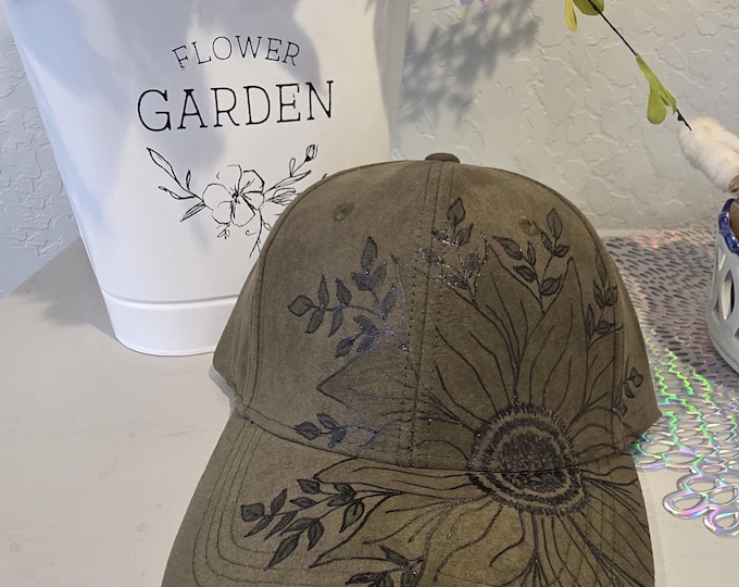 Hand Burned - Olive Green Sunflower 5 panel Baseball Cap