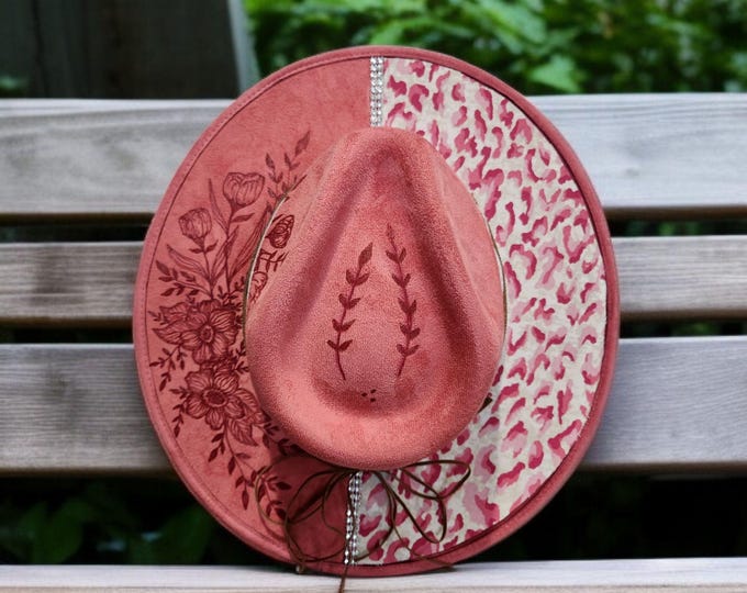 Hand Burned - Vegan Suede - Panama - Fedora - Western Hat in a pretty pink   -  with wide brim