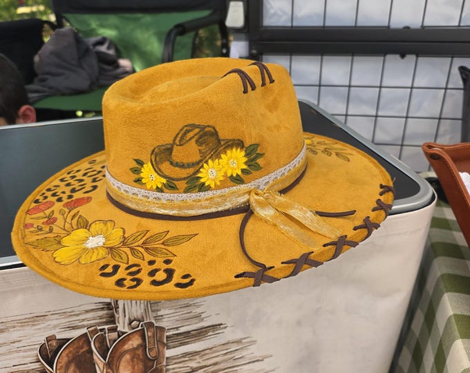 Hand burned to the brim - Pretty Mustard colored Cowboy - Rancher - Fedora Hat